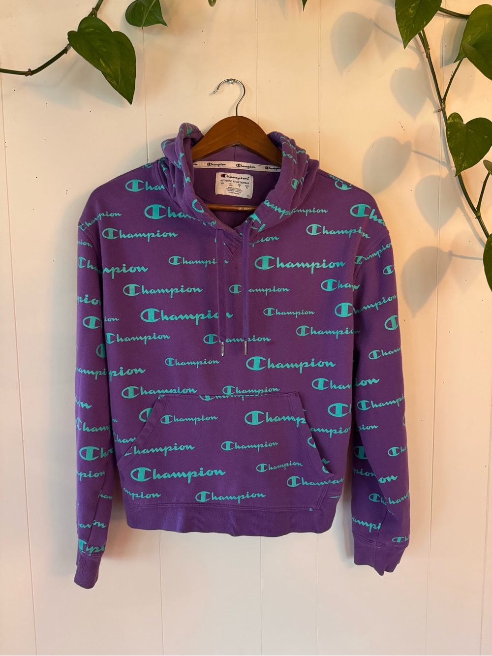 Vintage Champion Purple Crewneck Hoodie with Aqua Logo Allover